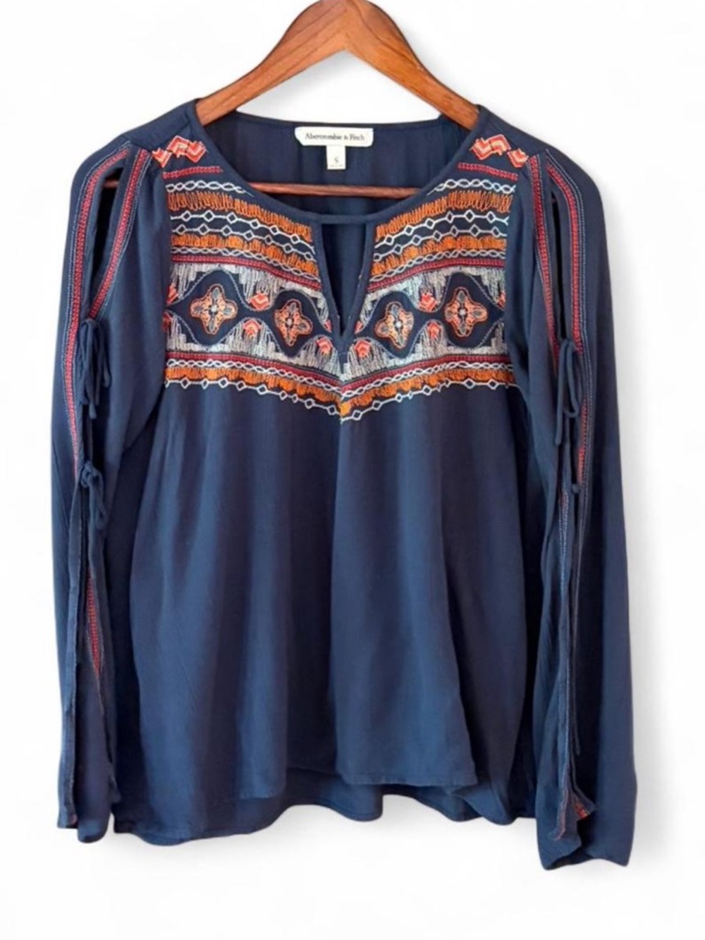 Abercrombie & Fitch Navy Embroidered Boho Long Sleeve Blouse | Small